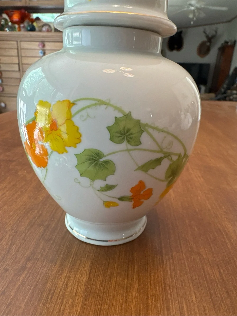 Porcelain Floral Ginger Jar in White with Orange and Green Accents